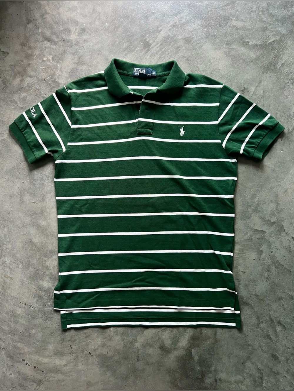 Vintage Polo Ralph Lauren Green & White Striped Cotton Polo Shirt Size M Loyola